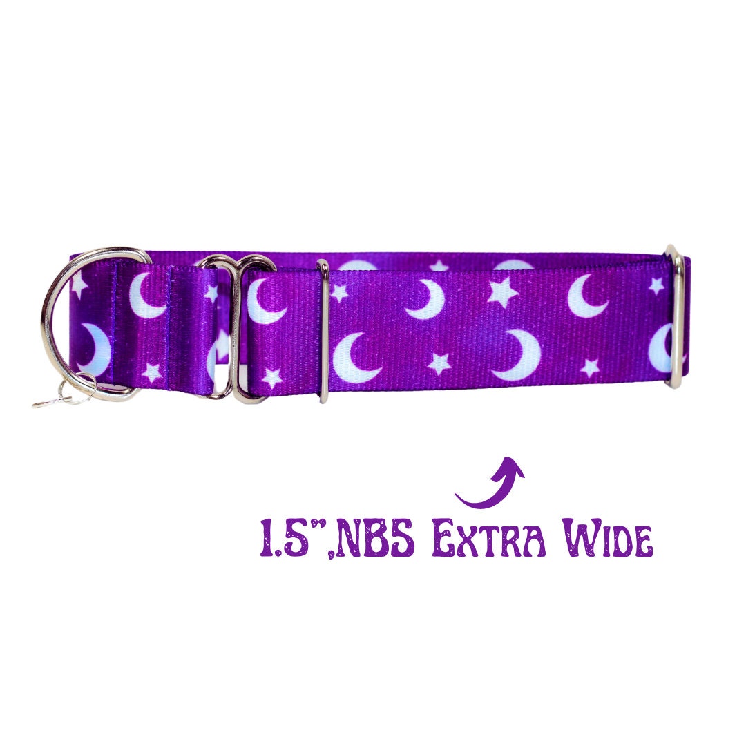 Moon and star, dog collar,Purple galaxy,NBS ,Galaxy dog collar,Witchy dog, Luna, No buckle slide, 1.5", Cat collar