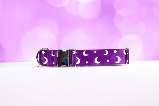 Moon and star, dog collar,Purple galaxy,NBS ,Galaxy dog collar,Witchy dog, Luna, No buckle slide, 1.5", Cat collar