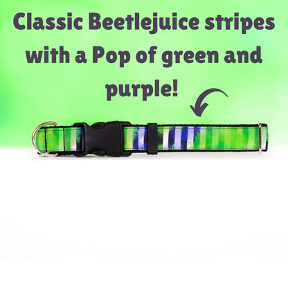 Beetlejuice dog collar, Striped dog collar with green and purple splash, Beetlejuice cat collar, Breakaway cat collar,