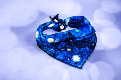 Starry Night Bandana,Blue dog bandana, Tie and Snap bandana, Blue Starry night,Cat bandana, Vibrant bandana with snaps